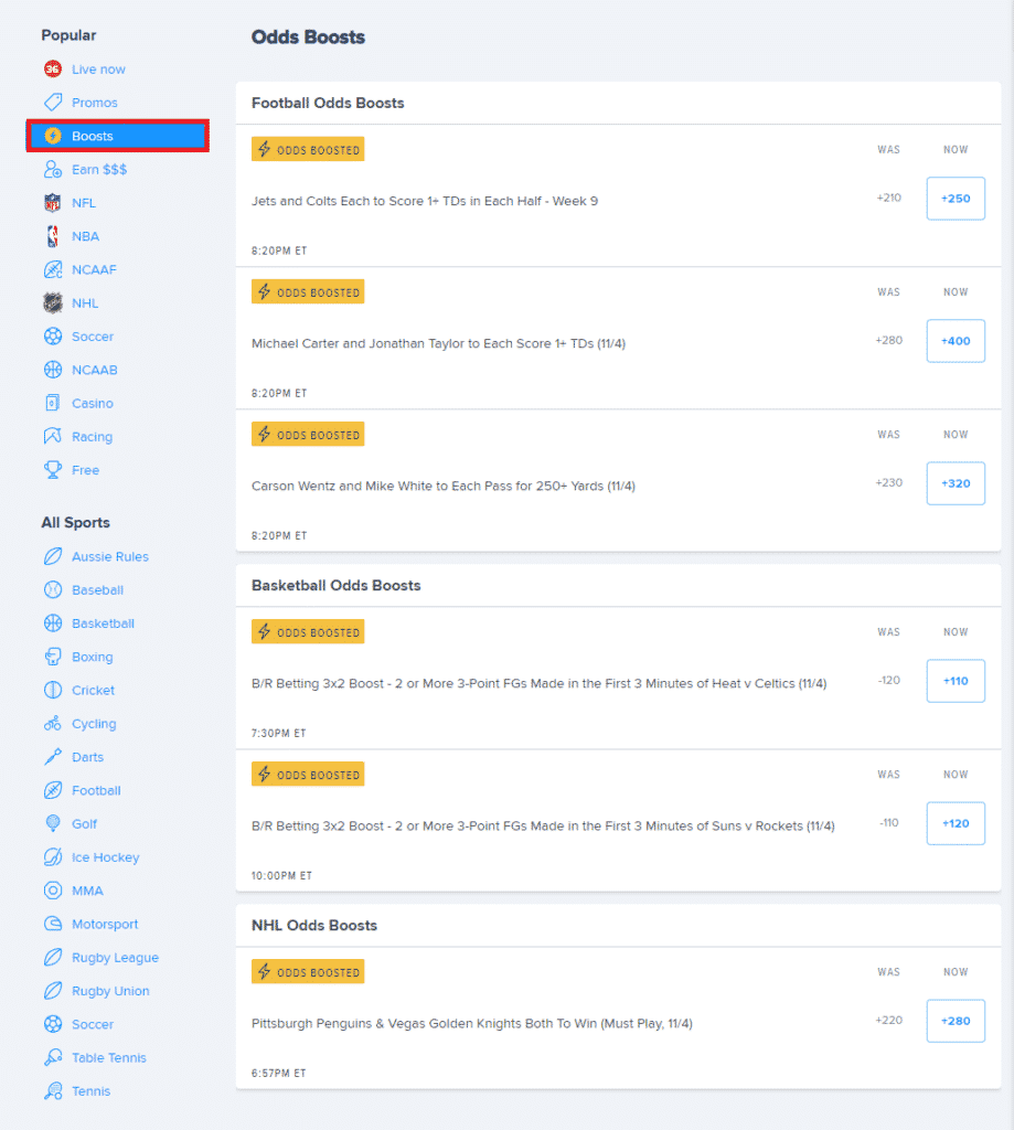 FanDuel Odds Boost Page